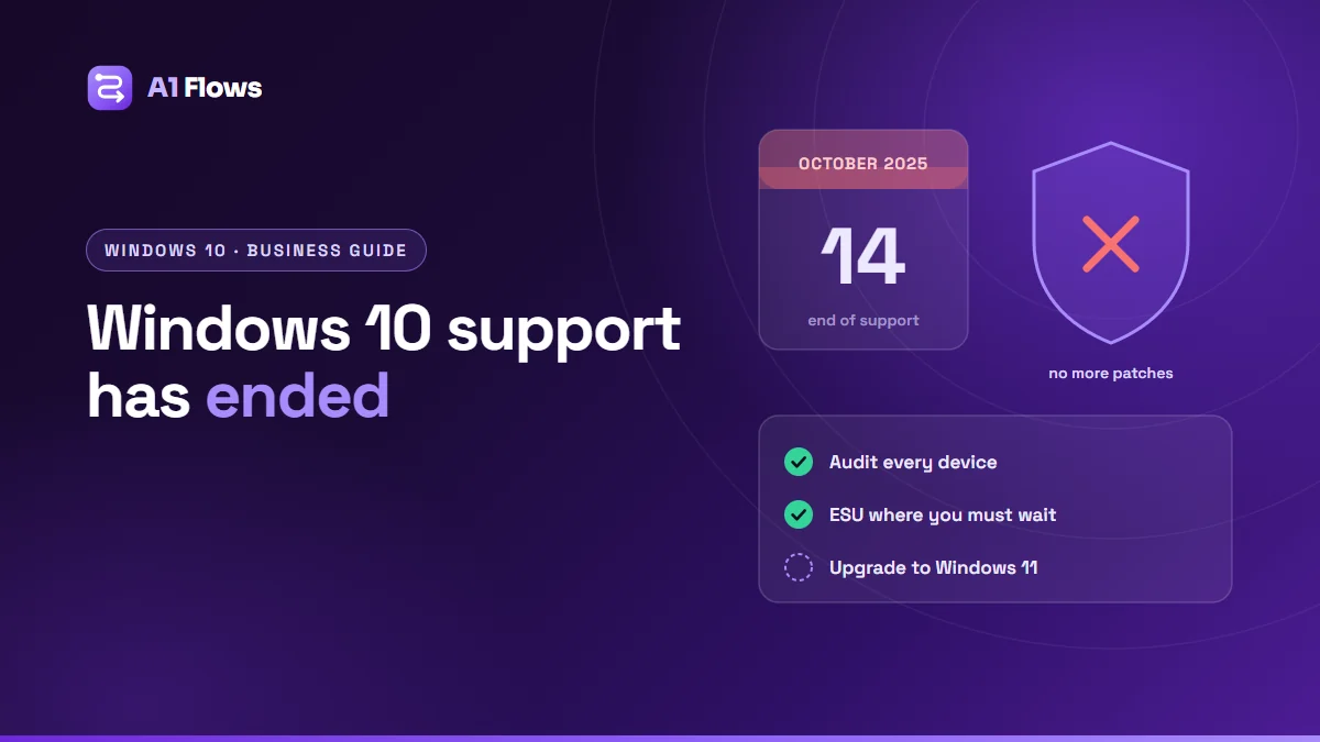 A calendar page marking 14 October 2025 as the end of Windows 10 support and a shield showing no more patches, beside a plan: audit every device, use Extended Security Updates where you must wait, upgrade to Windows 11.