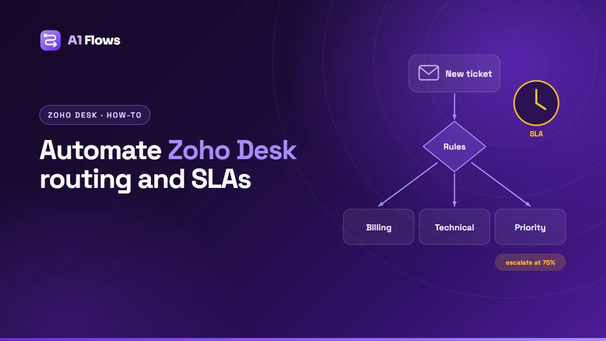 Flow diagram of Zoho Desk automation: a new ticket passes through assignment rules into Billing, Technical and Priority queues, with an SLA clock watching response time.